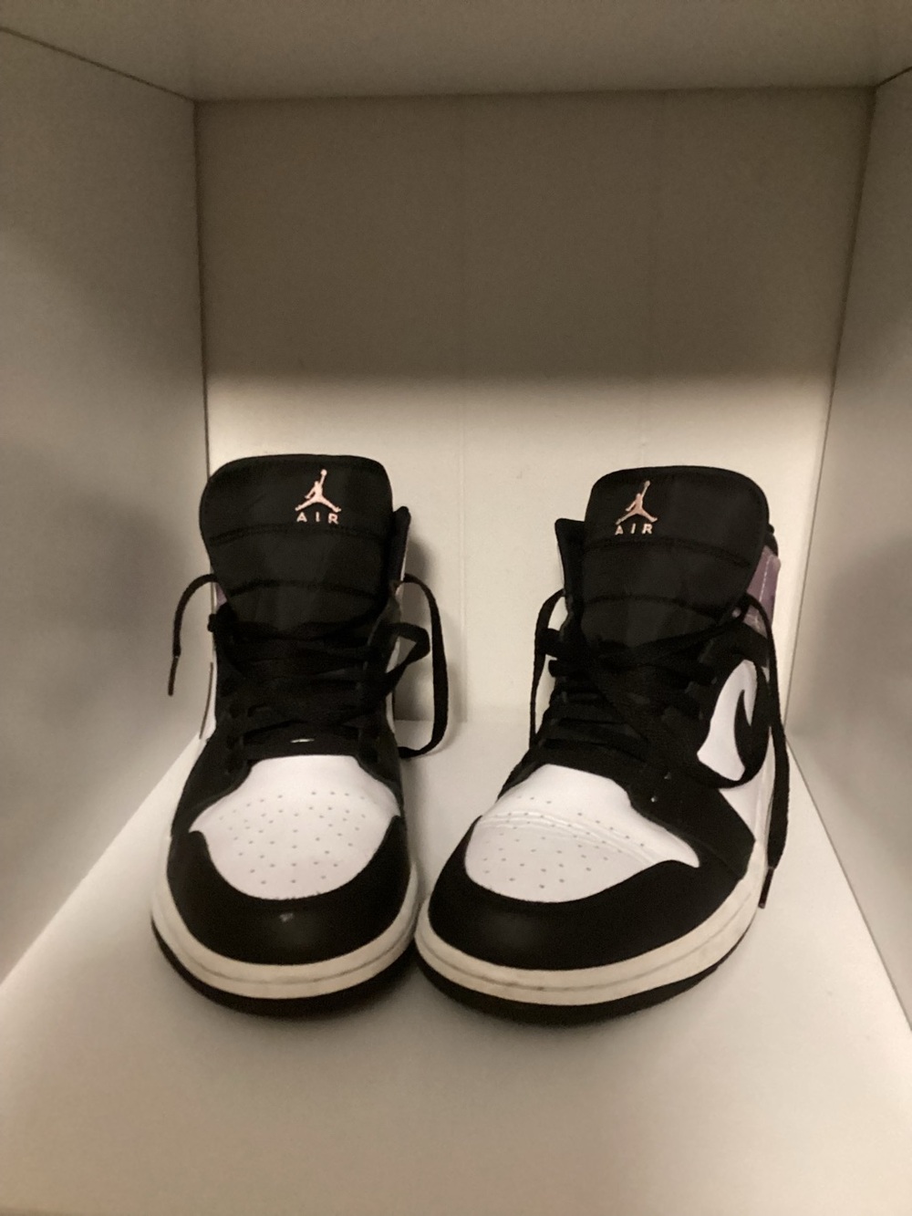 Nike Jordan Mid1 Black and White Mid-Top Sneakers with lavender Accent